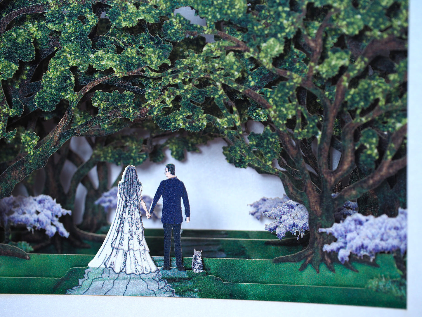 Oak park alley wedding invitation. Paper pop-up box cards. Wedding stationary. Bride and groom figures, cat, trees.