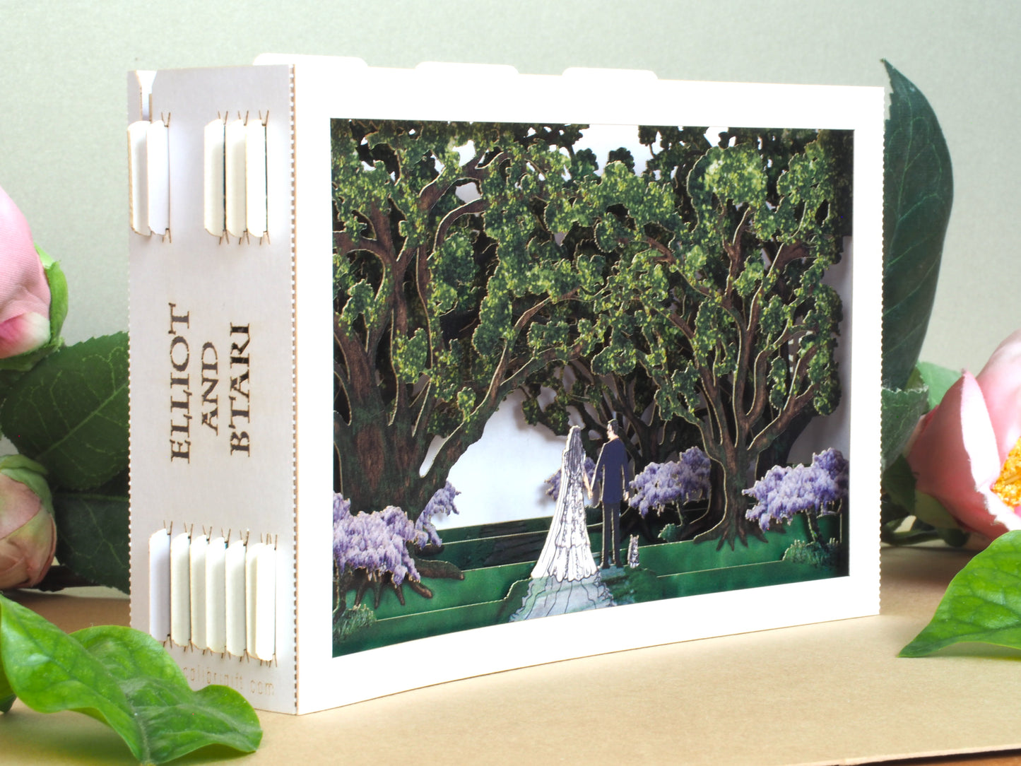 Oak park alley wedding invitation. Paper pop-up box cards. Wedding stationary. Bride and groom figures, cat, trees.