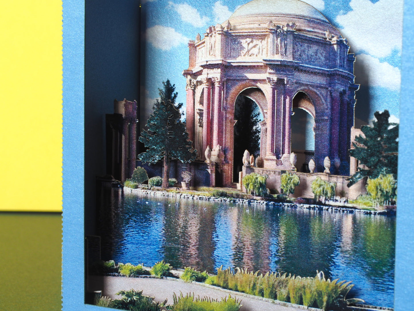 Pop up paper miniature model design of Palace of Arts in San Francisco California, US. Pop up box card, laser cut, folds flat.