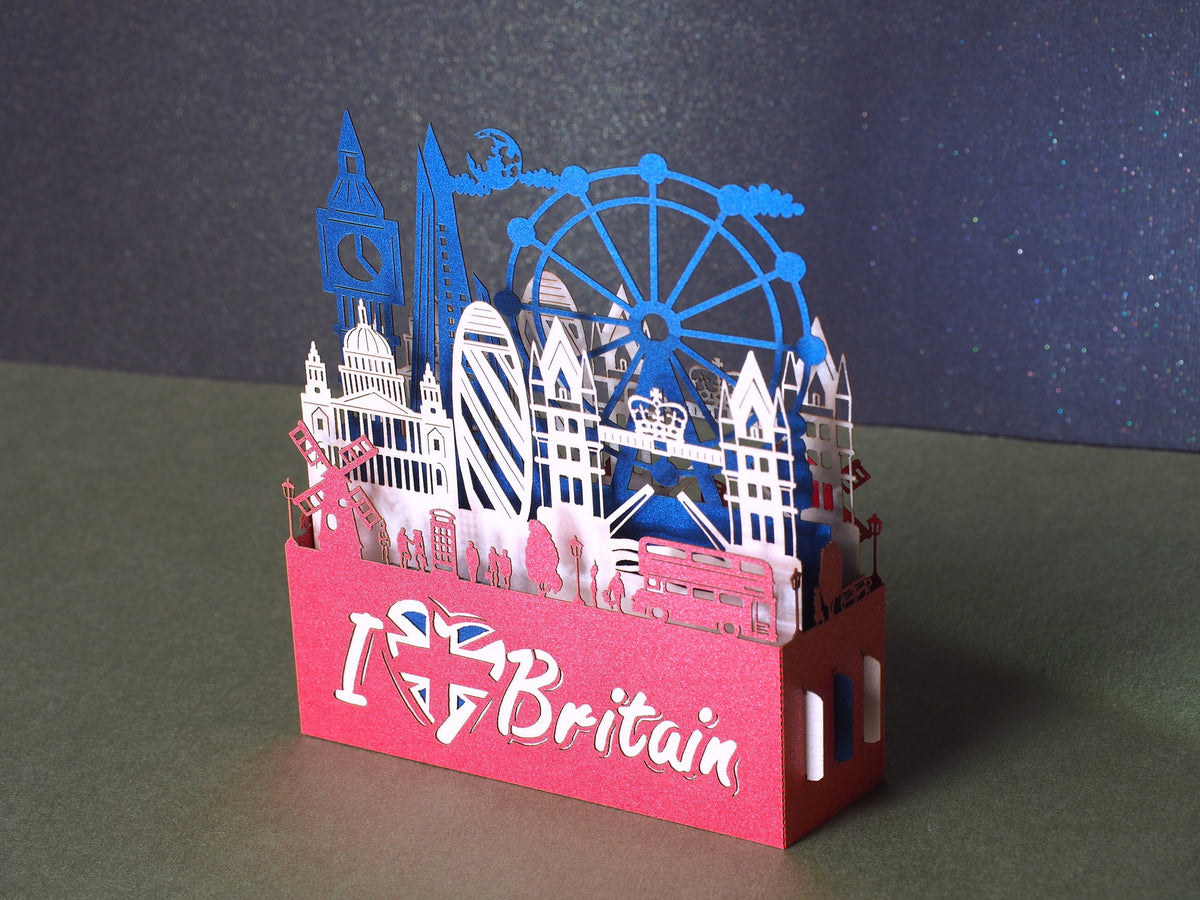 England Paper pop up miniature. Landmarks. Red Telephone, taxi, bus, Big Ben, Tower Bridge, The Needles, St Paul’s Cathedral