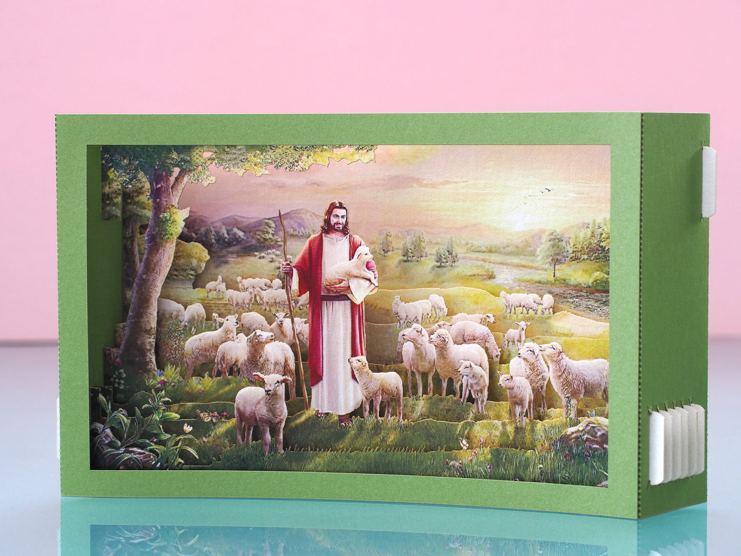 Jesus with Lambs pop up paper card, box folds flat