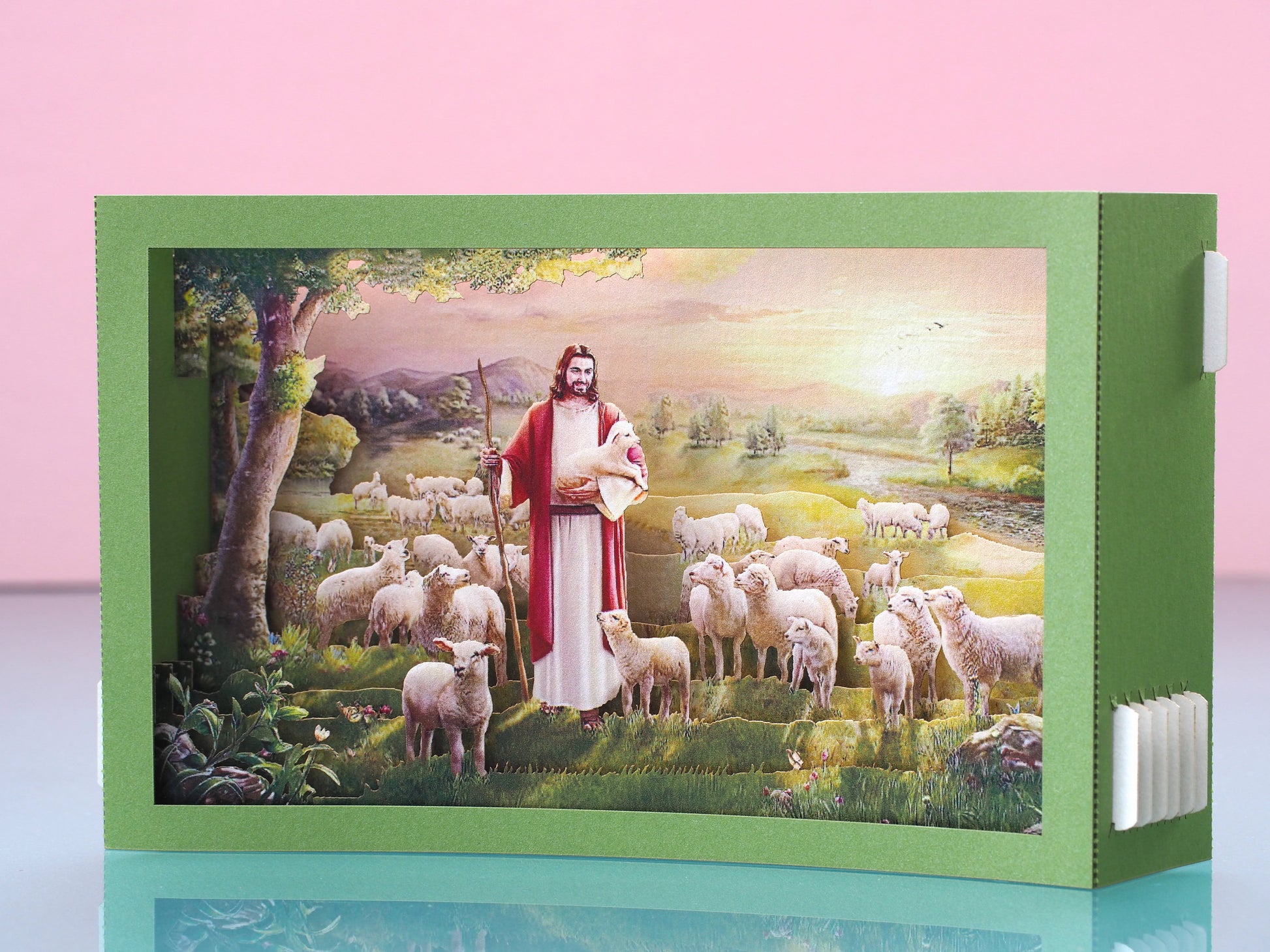Jesus with Lambs pop up paper card, box folds flat
