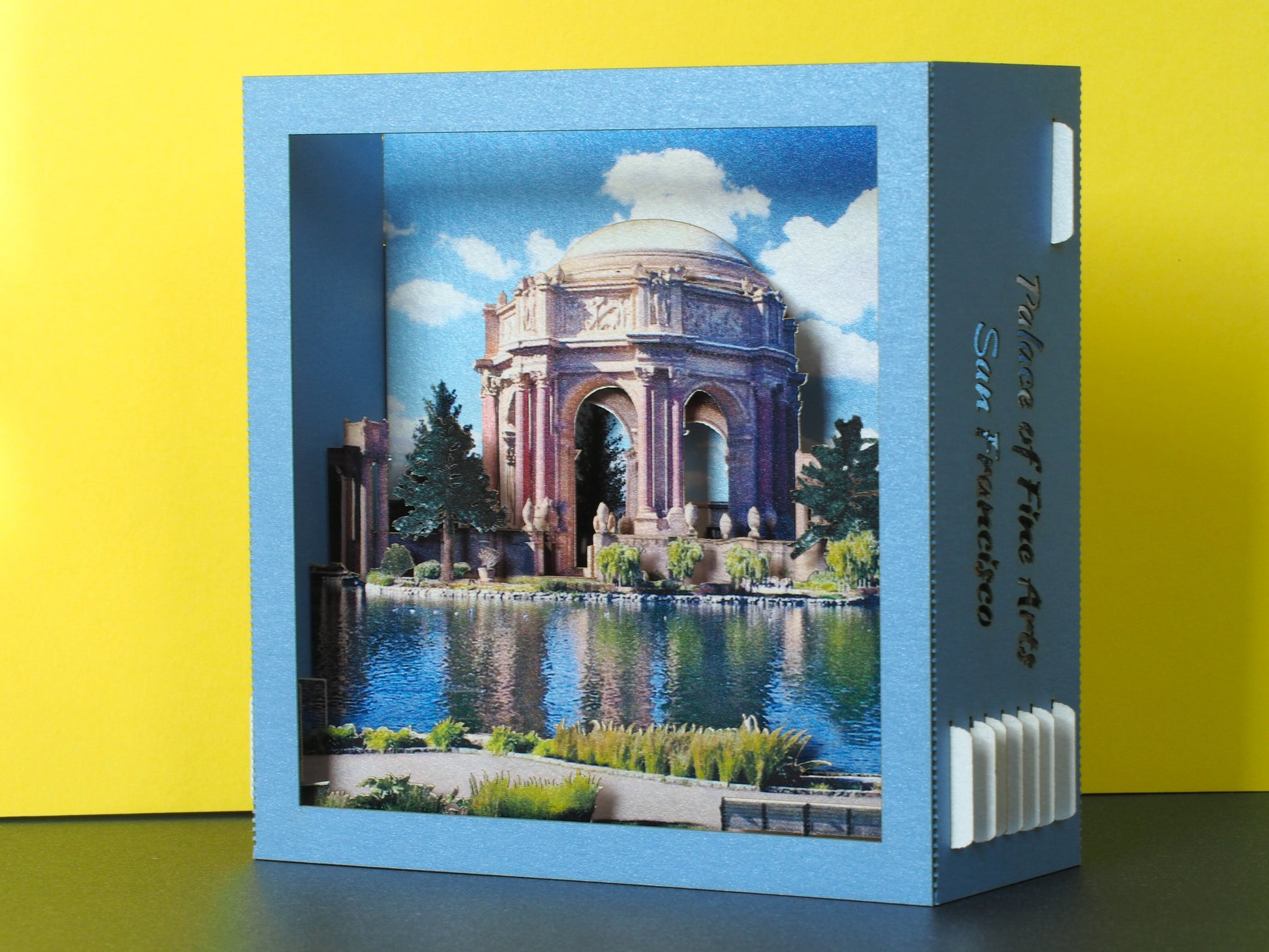 Pop up paper miniature model design of Palace of Arts in San Francisco California, US. Pop up box card, laser cut, folds flat.