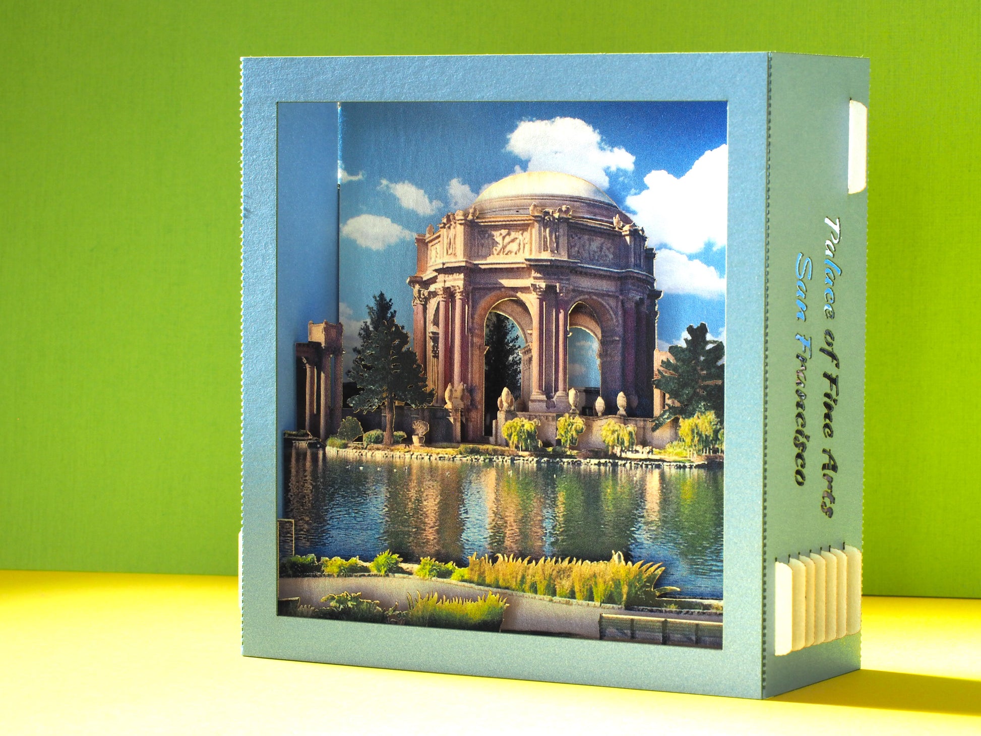 Pop up paper miniature model design of Palace of Arts in San Francisco California, US. Pop up box card, laser cut, folds flat.