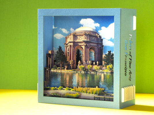 Pop up paper miniature model design of Palace of Arts in San Francisco California, US. Pop up box card, laser cut, folds flat.