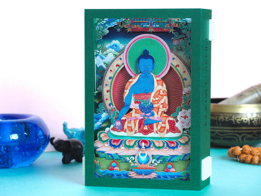 Buddha of Medicine. Paper pop up 3d card. Box folds flat. 