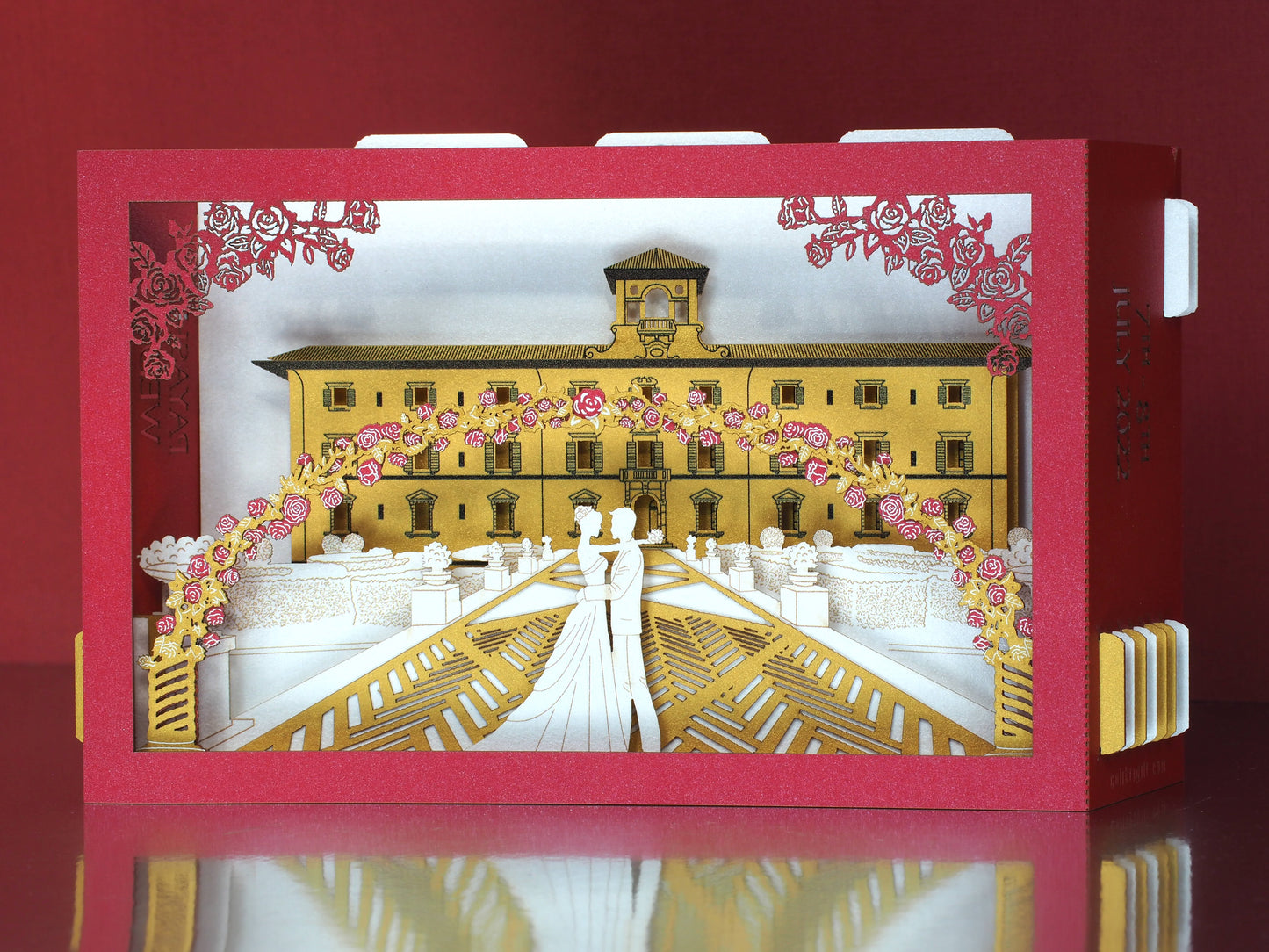 Villa Castelletti Tuscany Italy Florence. Wedding pop up box folded invitation. 3d popup laser cut RSVP card Toscana