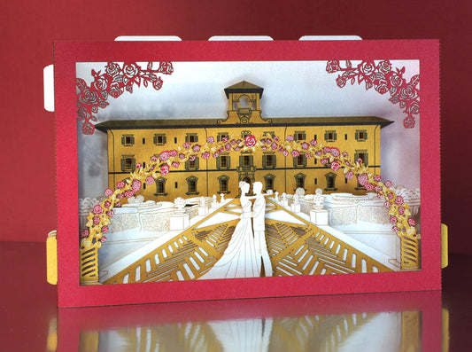 Villa Castelletti Tuscany Italy Florence. Wedding pop up box folded invitation. 3d popup laser cut RSVP card Toscana