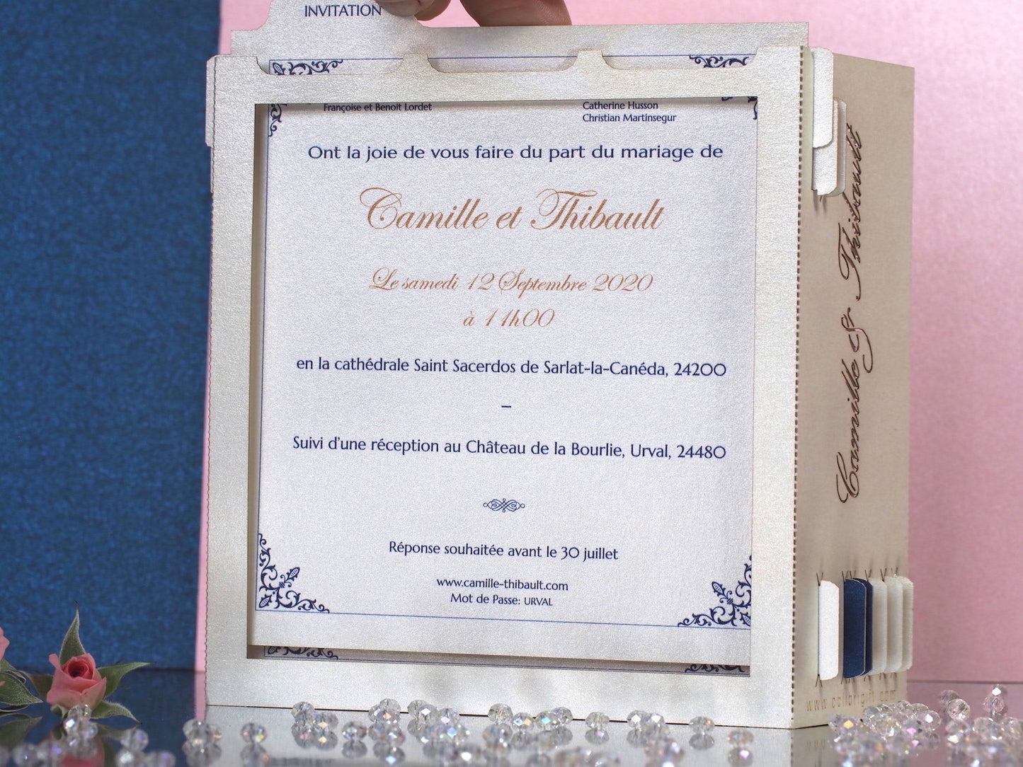 Paper lser cut box of wedding card and RSVP inserts detachable with custom text