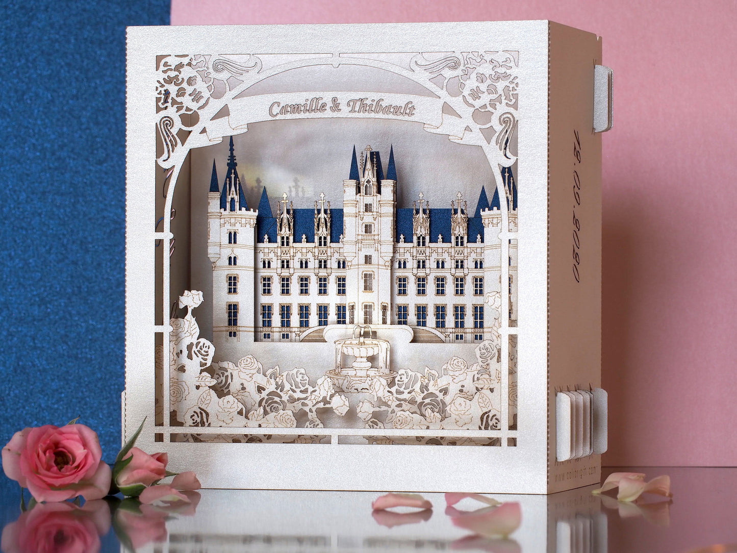 Wedding invitation. Paper pop up invite card. Castle Chateau de Challain France. RSVP inserts. Couple, fountain, arch, roses. Gift envelope