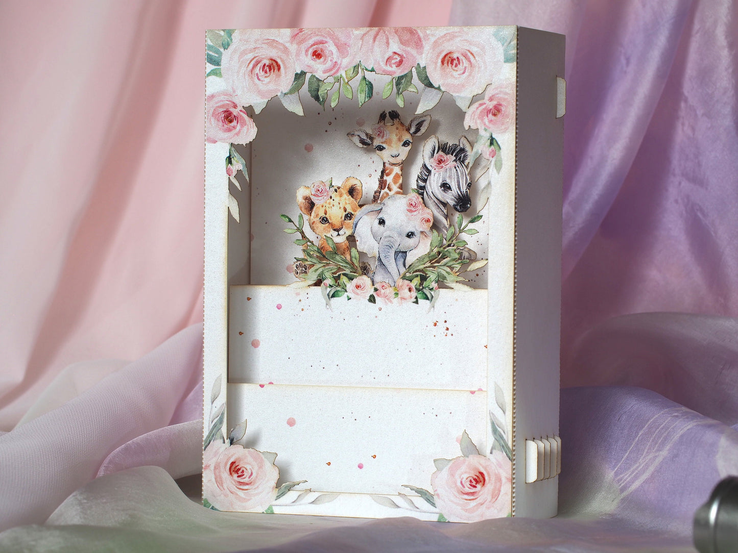 Luxury 3D pop up baby shower invitation card with elegant pastel design, keepsake greeting card for celebrating a new baby.