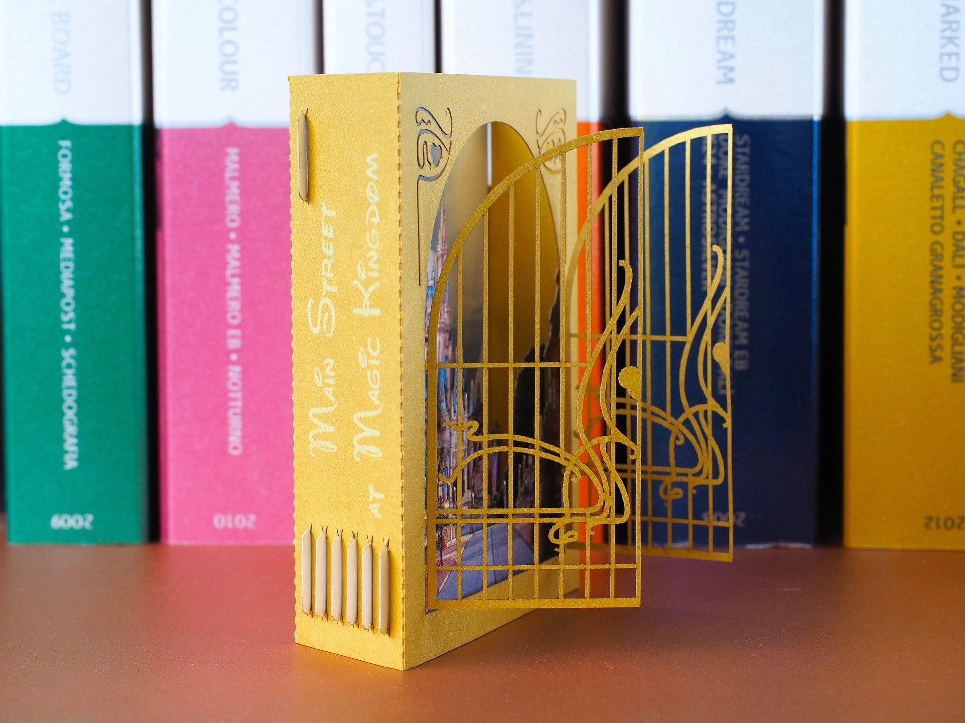 Castle Magic Kingdom paper miniature gift card. Gold Chateau. Fairytale Palace. Child, kids birthday gifts. Greeting pop up cards Gates open