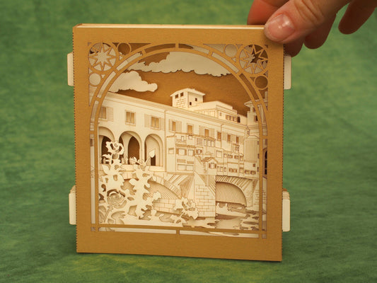Italy. Florence Ponte Vecchio Bridge. Paper pop up card. Firenze Medieval. Arno river. Italian gift, present, presente Miniature craft model