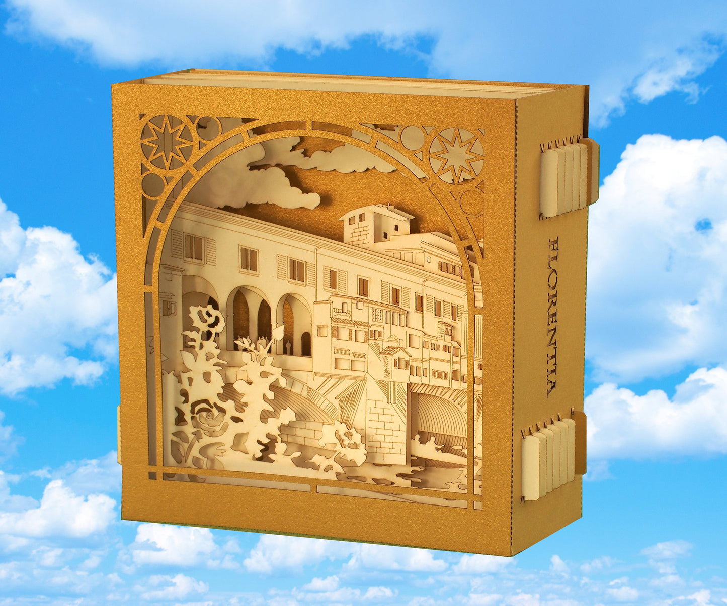 Italy. Florence Ponte Vecchio Bridge. Paper pop up card. Firenze Medieval. Arno river. Italian gift, present, presente Miniature craft model