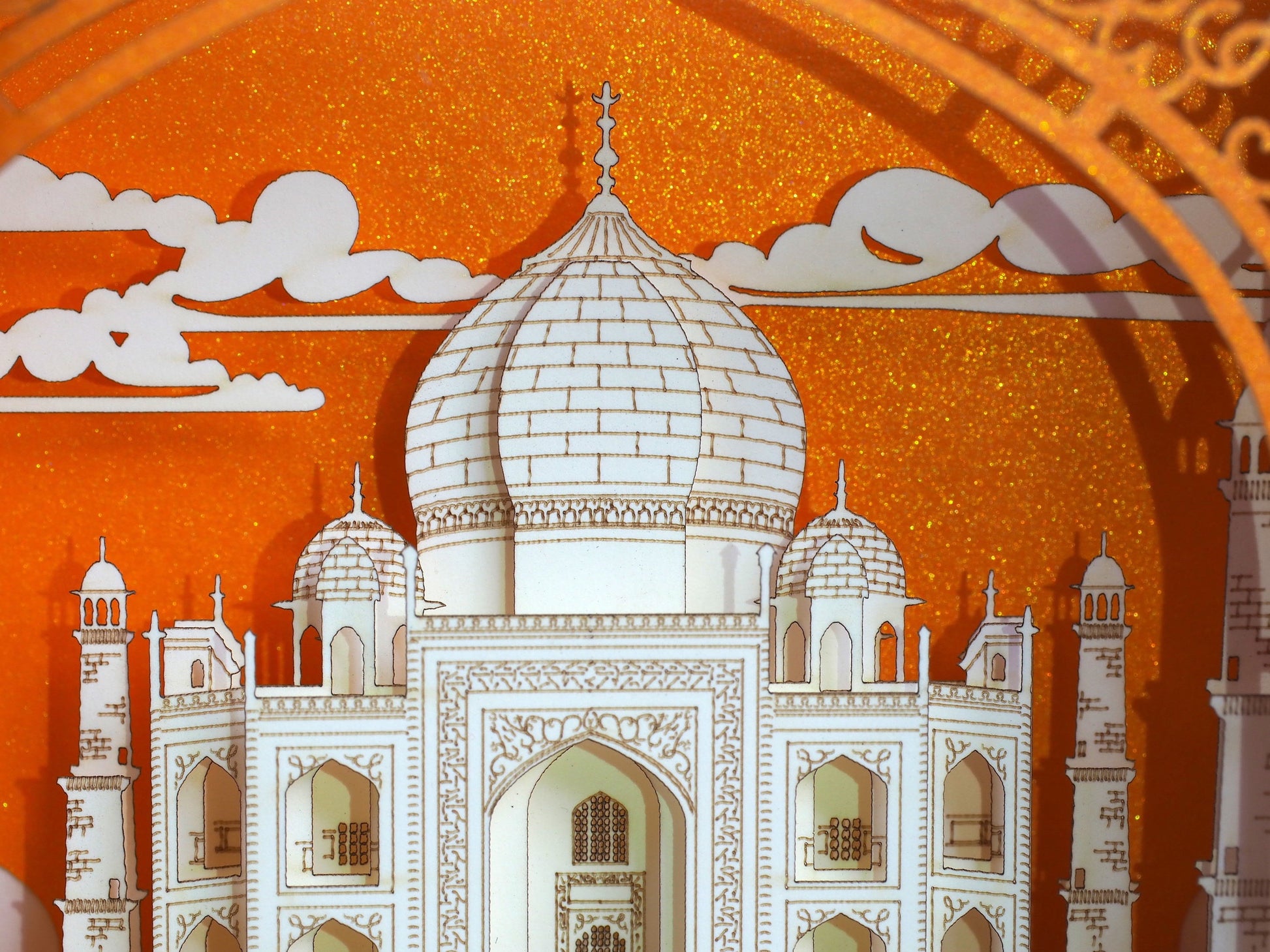 Taj Mahal India Agra Crown of the Palace mausoleum. Indian Landmarks. World Architecture Paper miniature. Love you Thank you Thinking of you