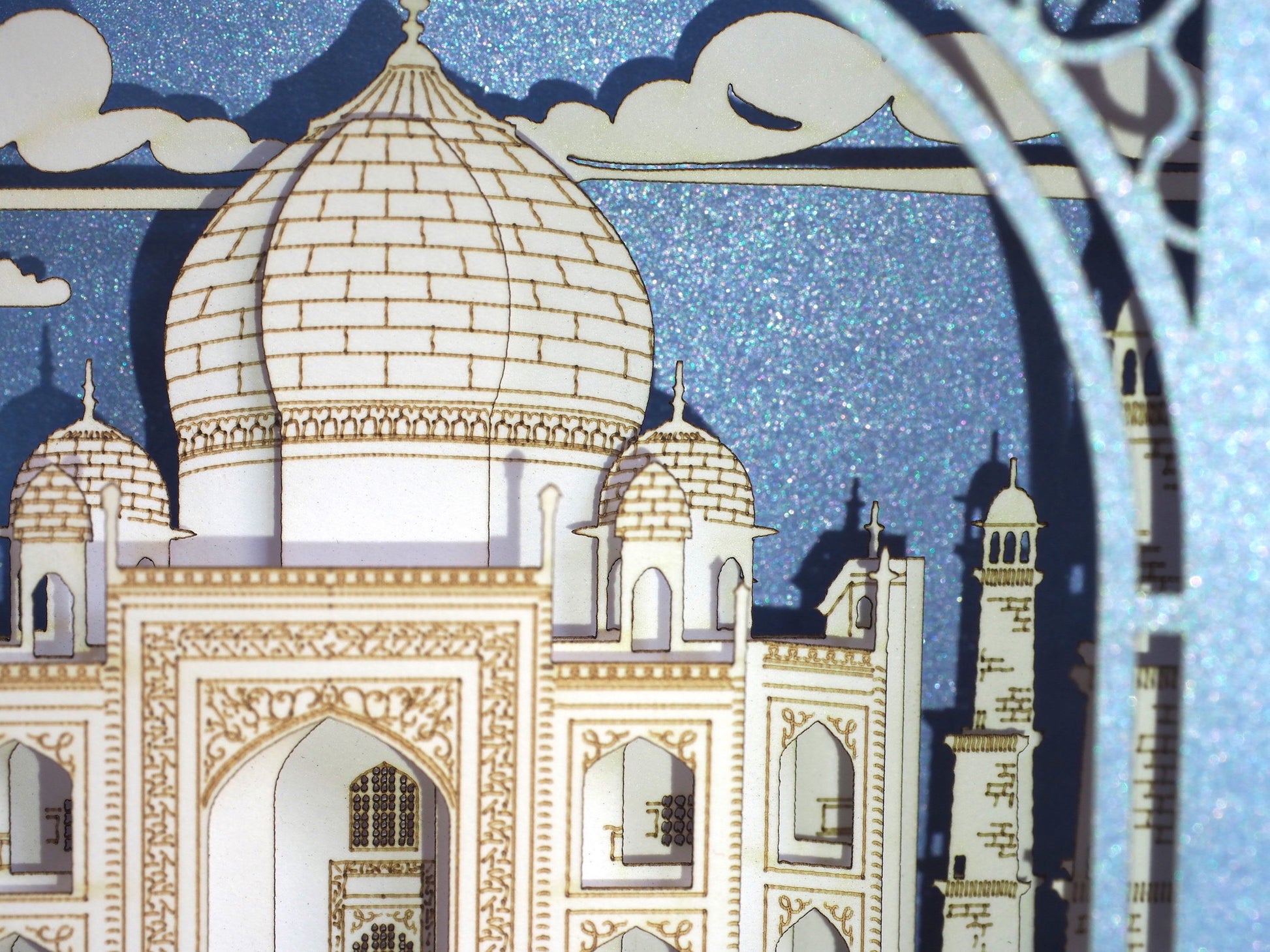 Taj Mahal India Agra Crown of the Palace mausoleum. Indian Landmarks. World Architecture Paper miniature. Love you Thank you Thinking of you