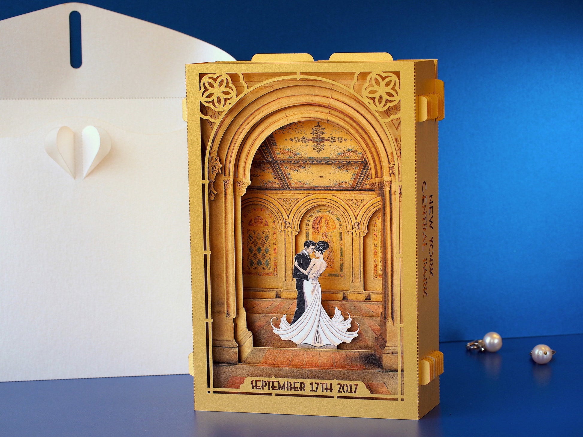 Wedding Save the Date Central Park NYC USA Bethesda Fountain Terrace pop-up card