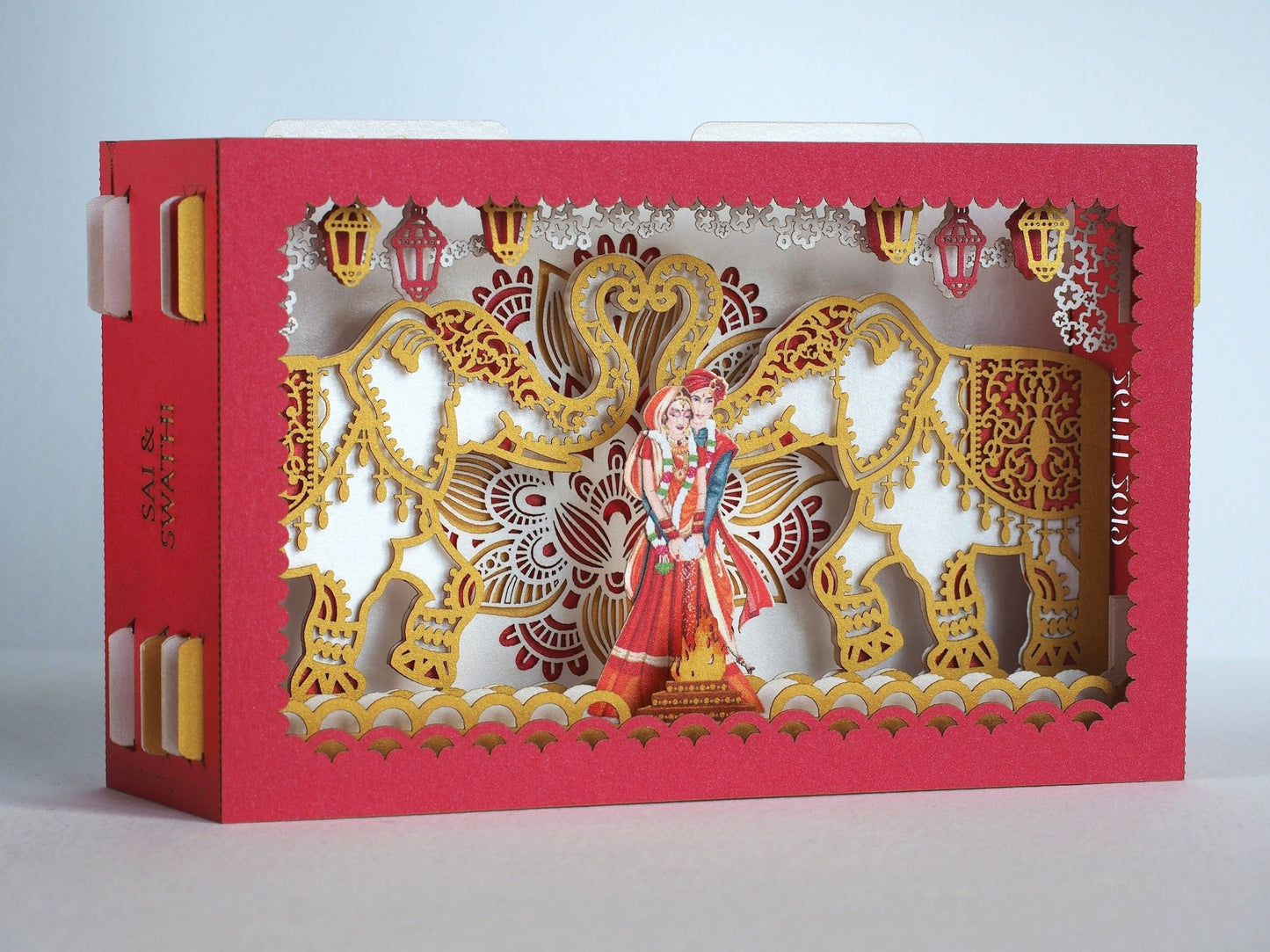 Indian wedding invitation card. Mandap, elephants, torch flowers. India bride groom. Hindustani, Hindu Brahmin, Hindoo. Mandaps Custom RSVP