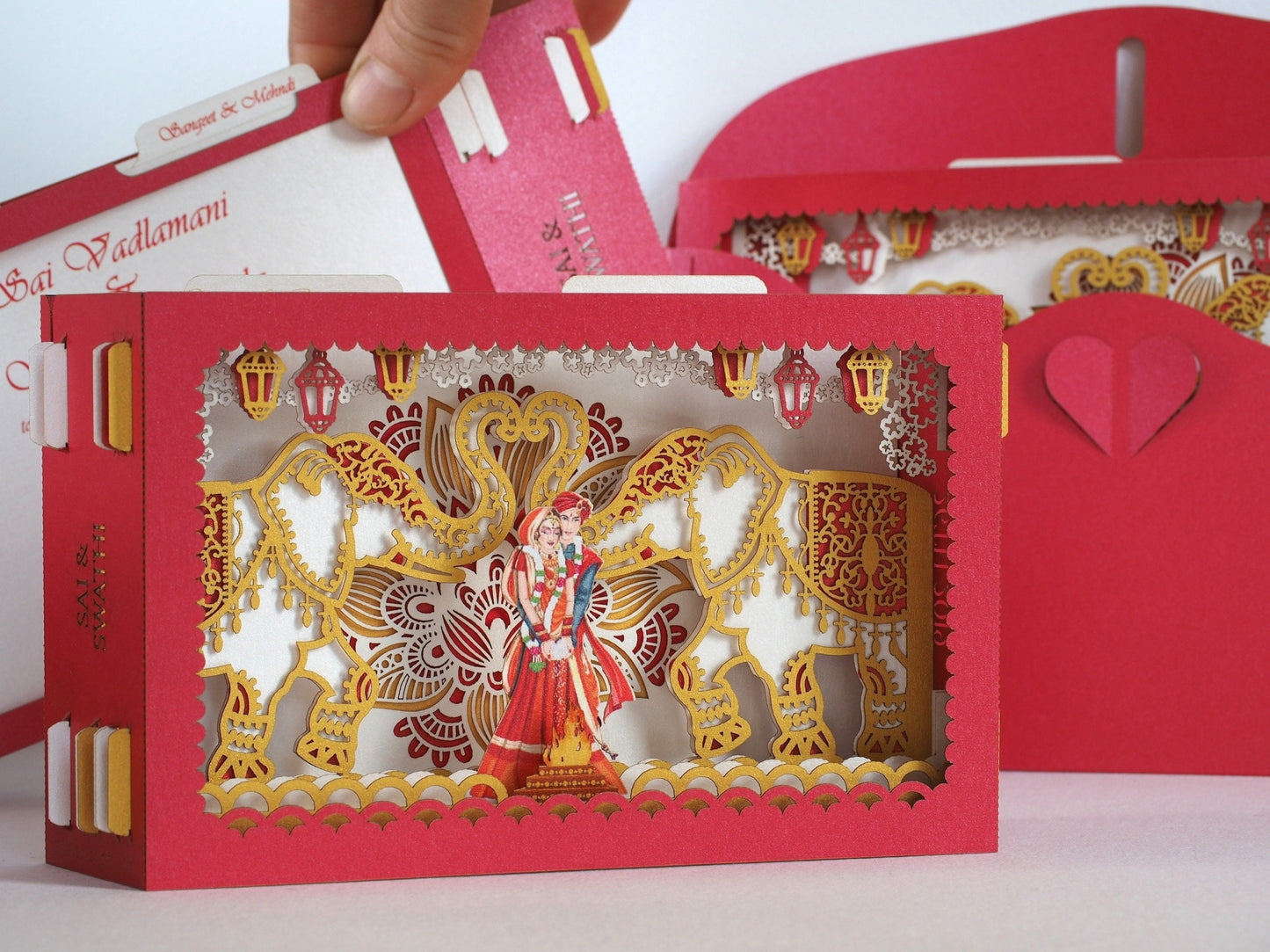 Indian wedding invitation card. Mandap, elephants, torch flowers. India bride groom. Hindustani, Hindu Brahmin, Hindoo. Mandaps Custom RSVP