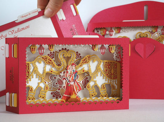 Indian wedding invitation card. Mandap, elephants, torch flowers. India bride groom. Hindustani, Hindu Brahmin, Hindoo. Mandaps Custom RSVP