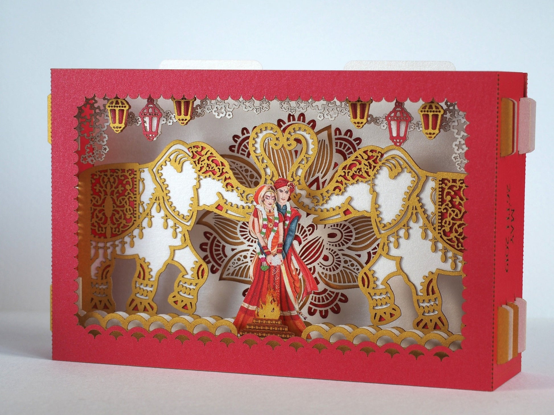 Indian wedding invitation card. Mandap, elephants, torch flowers. India bride groom. Hindustani, Hindu Brahmin, Hindoo. Mandaps Custom RSVP