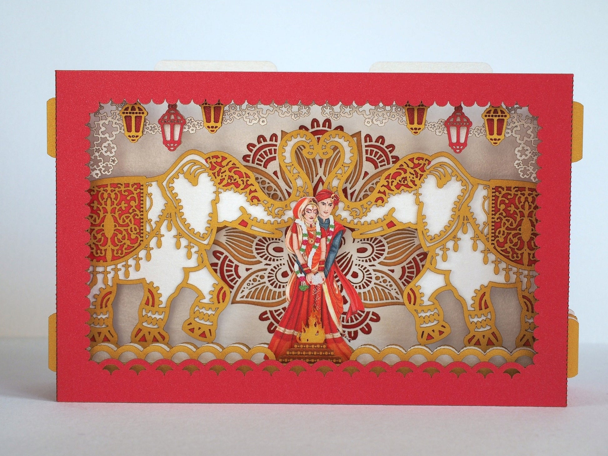 Indian wedding invitation card. Mandap, elephants, torch flowers. India bride groom. Hindustani, Hindu Brahmin, Hindoo. Mandaps Custom RSVP
