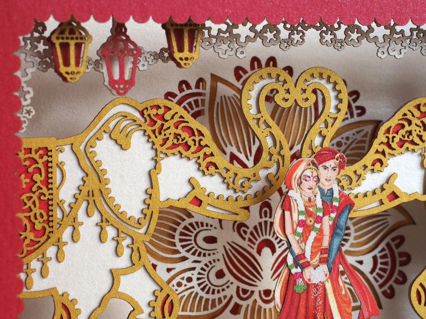 Indian wedding invitation card. Mandap, elephants, torch flowers. India bride groom. Hindustani, Hindu Brahmin, Hindoo. Mandaps Custom RSVP