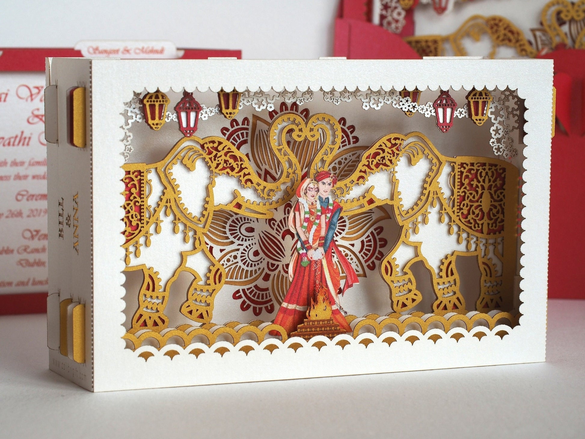 Indian wedding invitation card. Mandap, elephants, torch flowers. India bride groom. Hindustani, Hindu Brahmin, Hindoo. Mandaps Custom RSVP