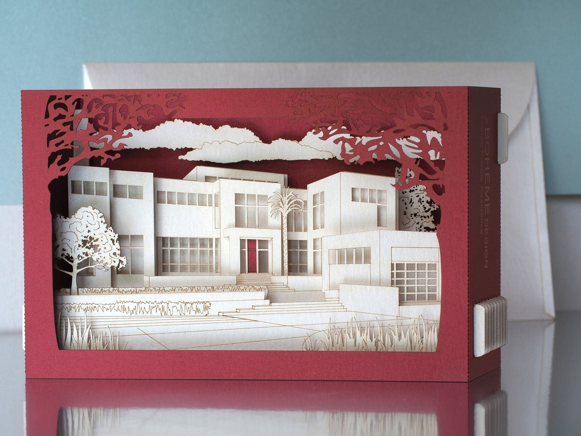 House architecture paper model miniature. Gift company customers. Thank you cards. Pop up card. Custom design. Villa Logo private residence