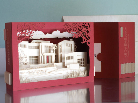House architecture paper model miniature. Gift company customers. Thank you cards. Pop up card. Custom design. Villa Logo private residence