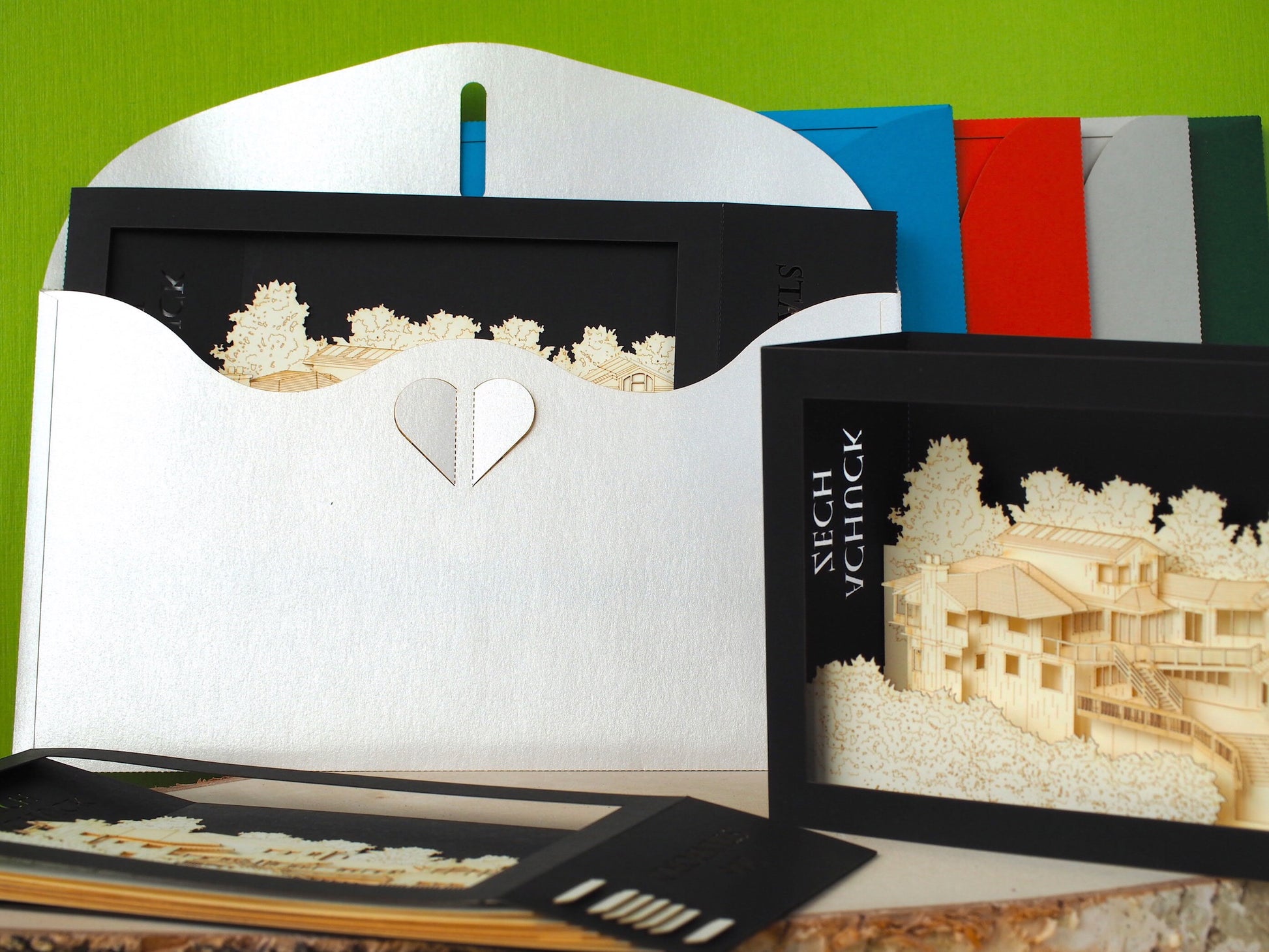 Paper house miniature architecture. Realtor promo gift to clients, customers. Pop up scale model. Promotion event card with Logo agency