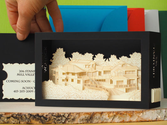 Paper house miniature architecture. Realtor promo gift to clients, customers. Pop up scale model. Promotion event card with Logo agency