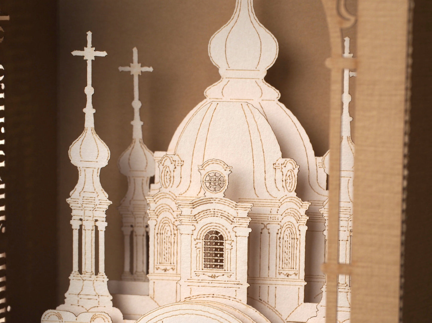 St. Andrew's Church Baroque Cathedral Kyiv, Ukraine. Ukrainian Architecture Landmark. Paper miniature Artwork kirigami gift. Pop up card