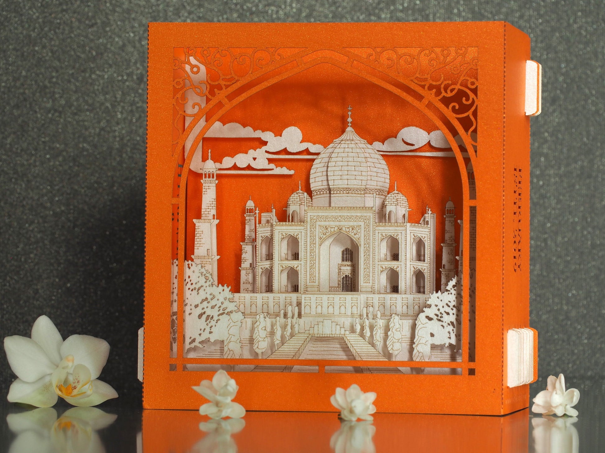 Taj Mahal India Agra Crown of the Palace mausoleum. Indian Landmarks. World Architecture Paper miniature. Love you Thank you Thinking of you