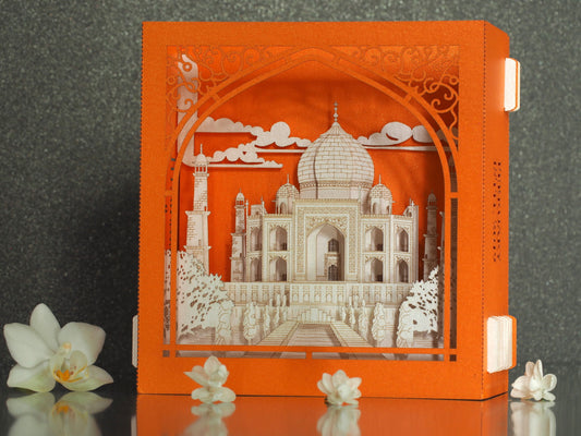 Taj Mahal India Agra Crown of the Palace mausoleum. Indian Landmarks. World Architecture Paper miniature. Love you Thank you Thinking of you
