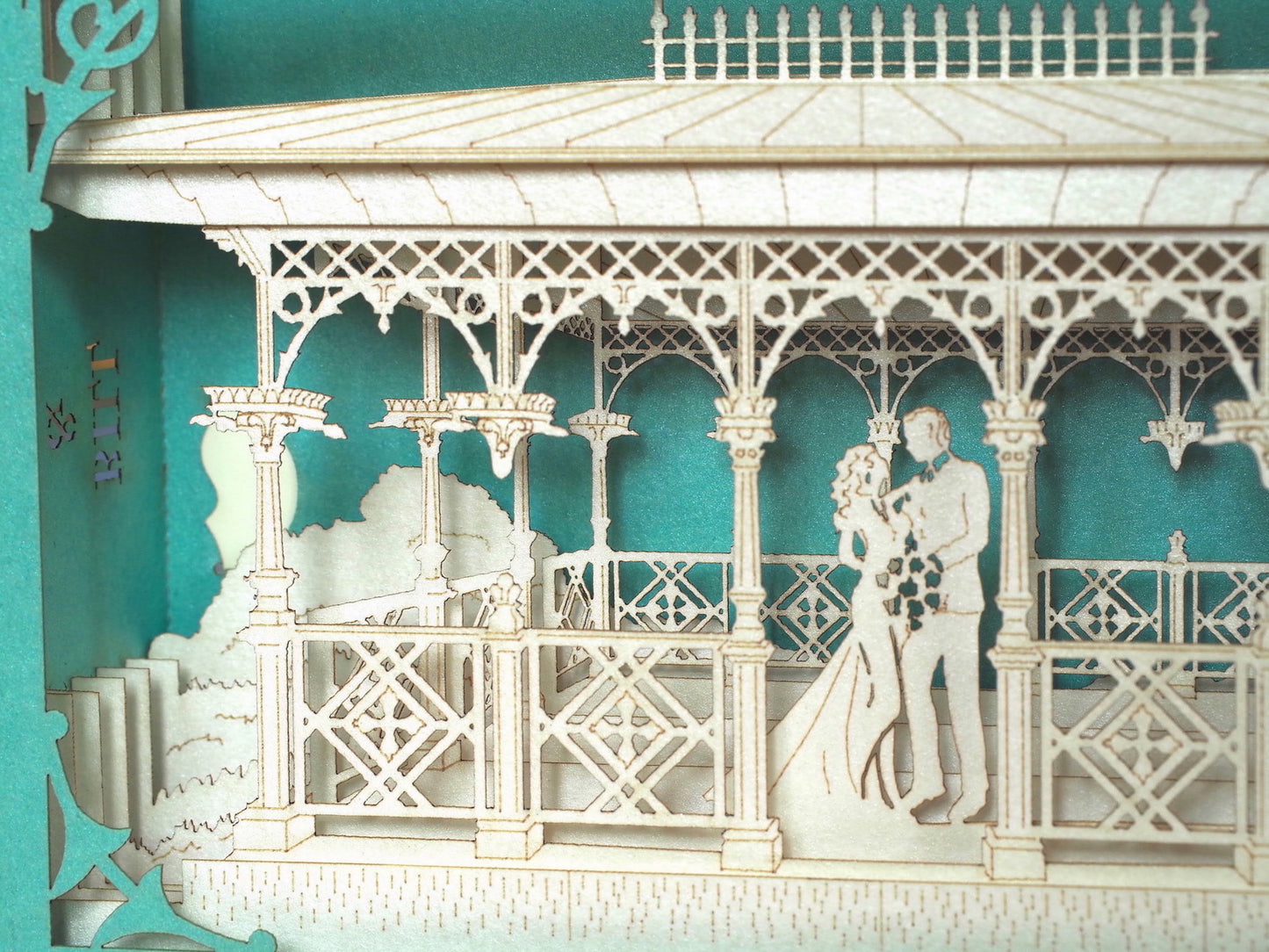 Wedding USA Ladies Pavilion. Central Park NYC Arch. Bride, groom. Outdoor event. Laser cut invitations. Pop up invitation Wedding venue