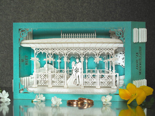 Wedding USA Ladies Pavilion. Central Park NYC Arch. Bride, groom. Outdoor event. Laser cut invitations. Pop up invitation Wedding venue