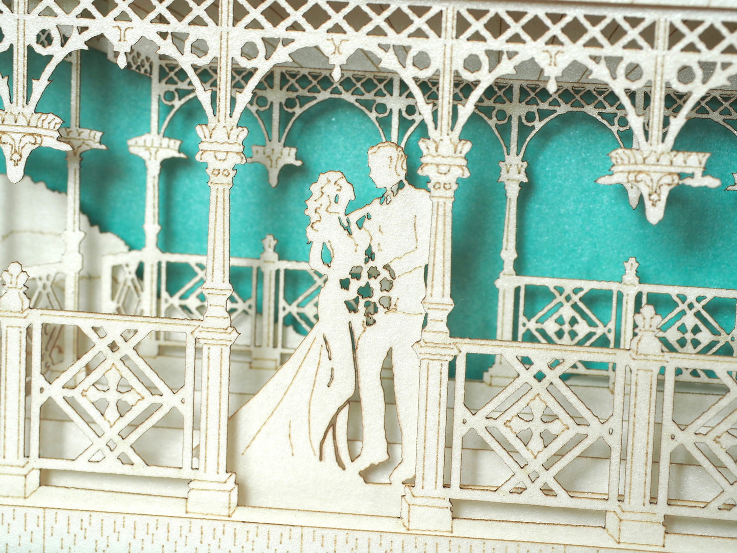Wedding USA Ladies Pavilion. Central Park NYC Arch. Bride, groom. Outdoor event. Laser cut invitations. Pop up invitation Wedding venue