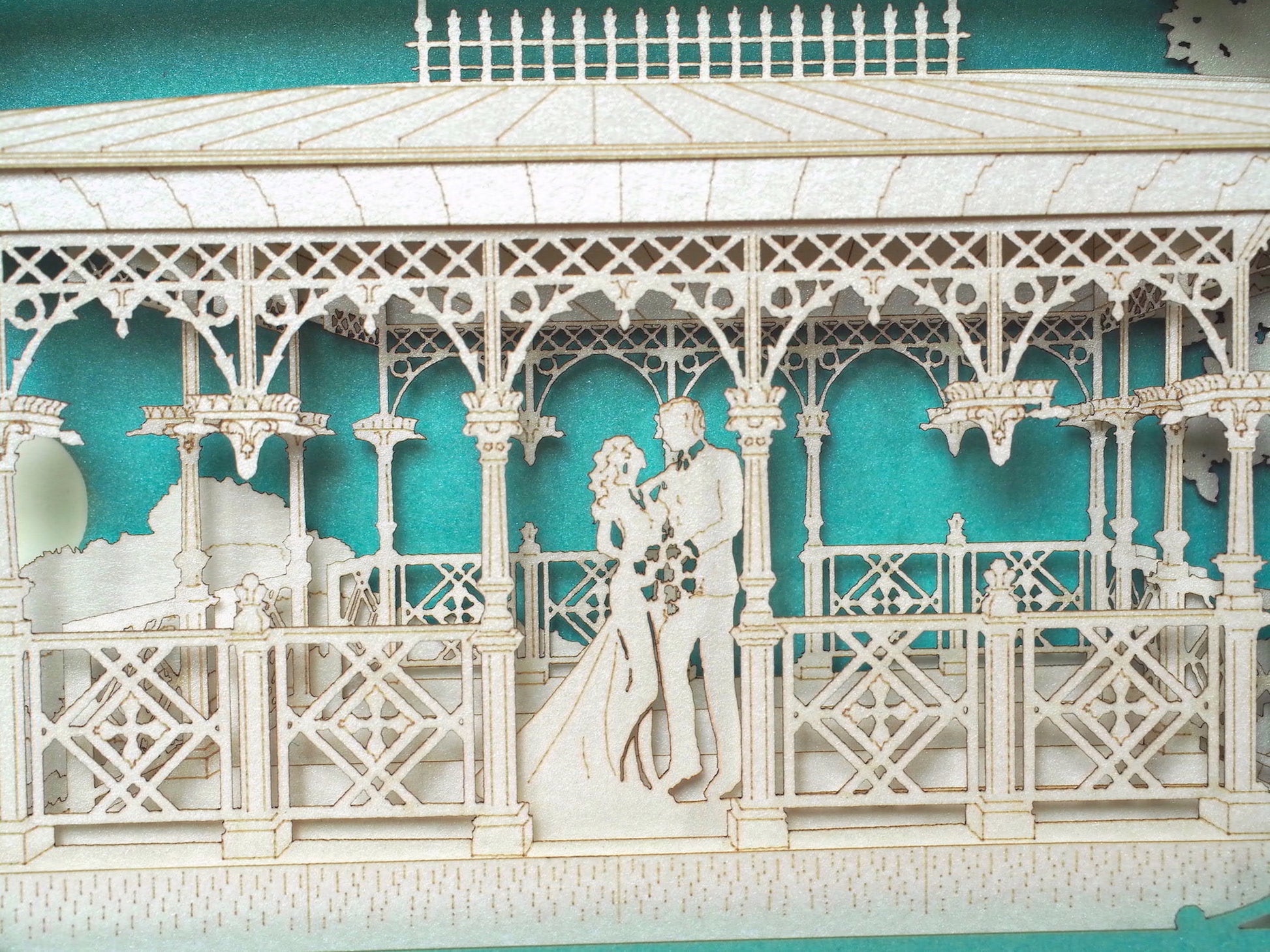 Wedding USA Ladies Pavilion. Central Park NYC Arch. Bride, groom. Outdoor event. Laser cut invitations. Pop up invitation Wedding venue