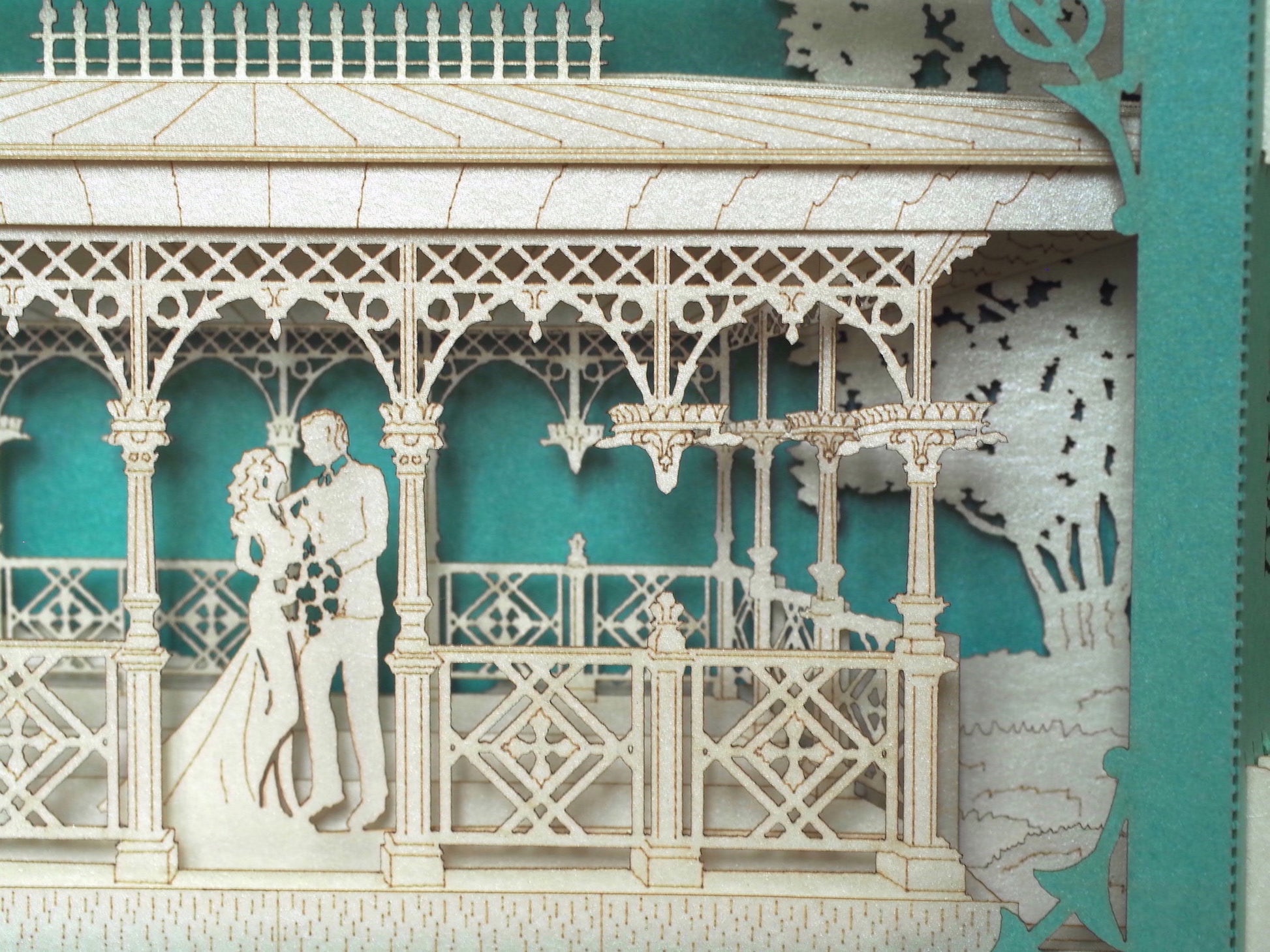 Wedding USA Ladies Pavilion. Central Park NYC Arch. Bride, groom. Outdoor event. Laser cut invitations. Pop up invitation Wedding venue