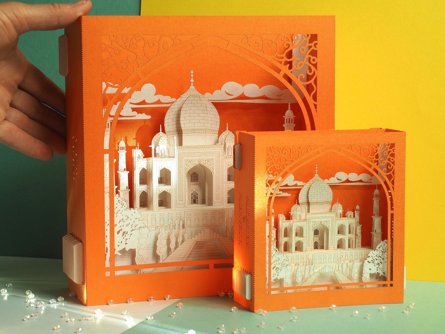 Taj Mahal India Agra Crown of the Palace mausoleum. Indian Landmarks. World Architecture Paper miniature. Love you Thank you Thinking of you