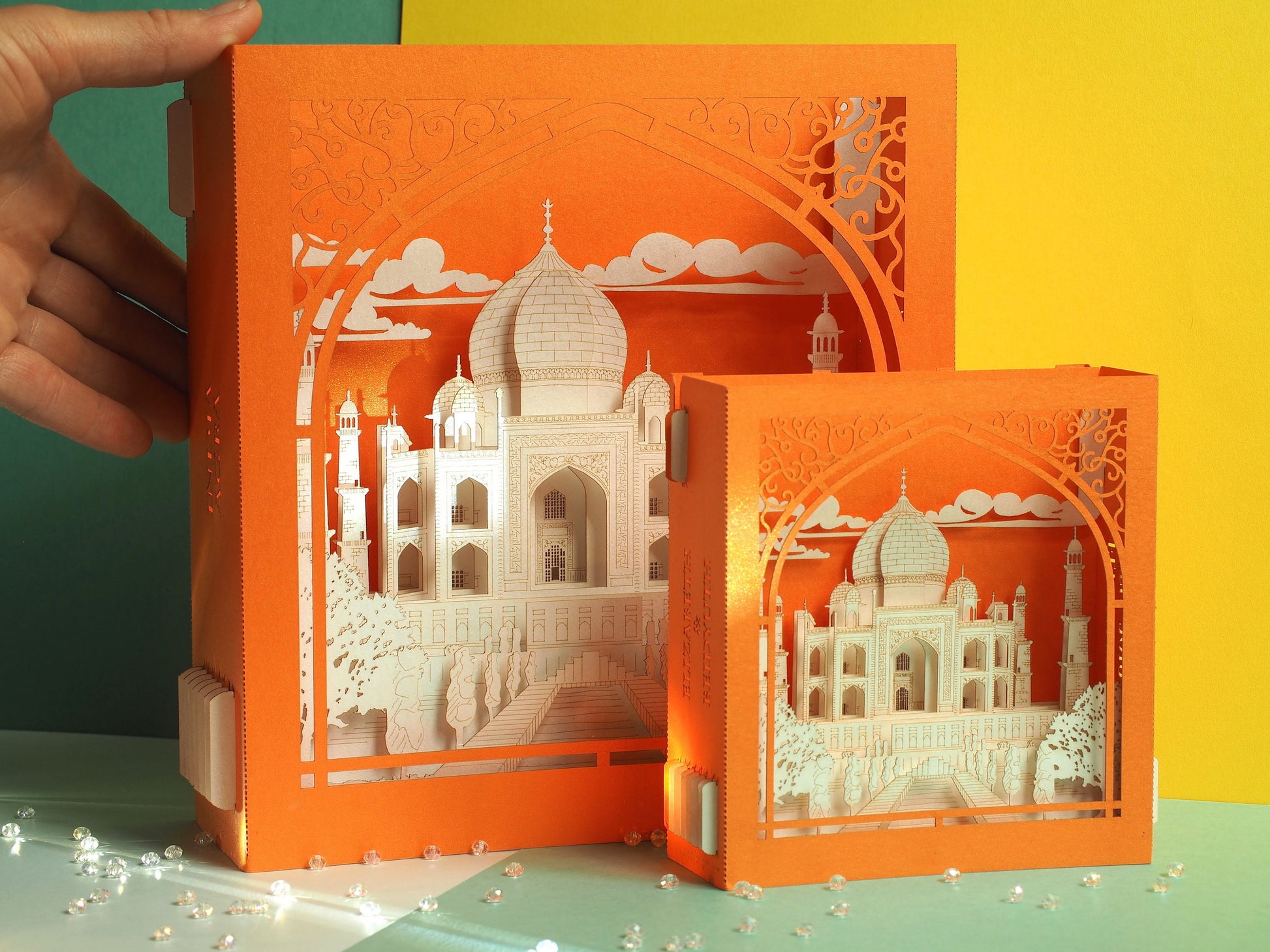 Taj Mahal India Agra Crown of the Palace mausoleum. Indian Landmarks. World Architecture Paper miniature. Love you Thank you Thinking of you