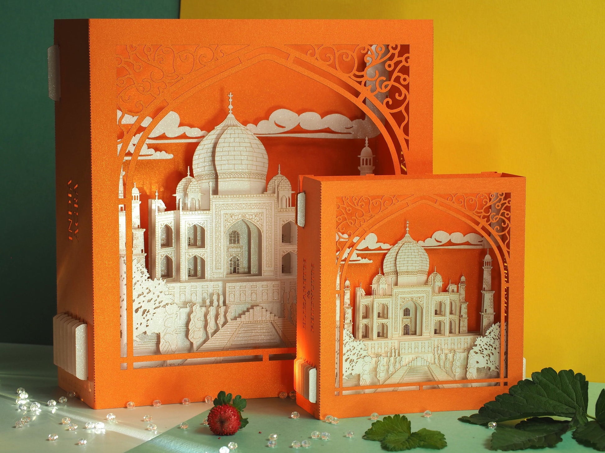 Taj Mahal India Agra Crown of the Palace mausoleum. Indian Landmarks. World Architecture Paper miniature. Love you Thank you Thinking of you