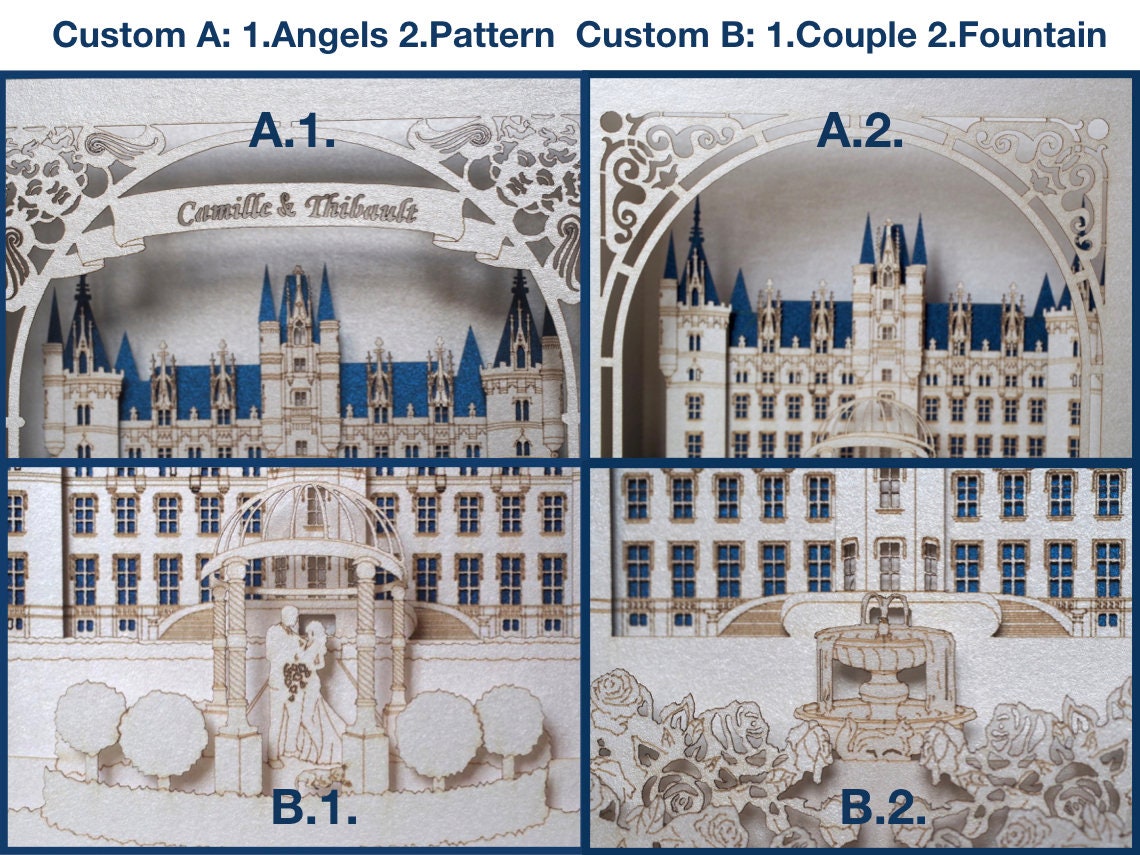 Wedding invitation. Paper pop up invite card. Castle Chateau de Challain France. RSVP inserts. Couple, fountain, arch, roses. Gift envelope