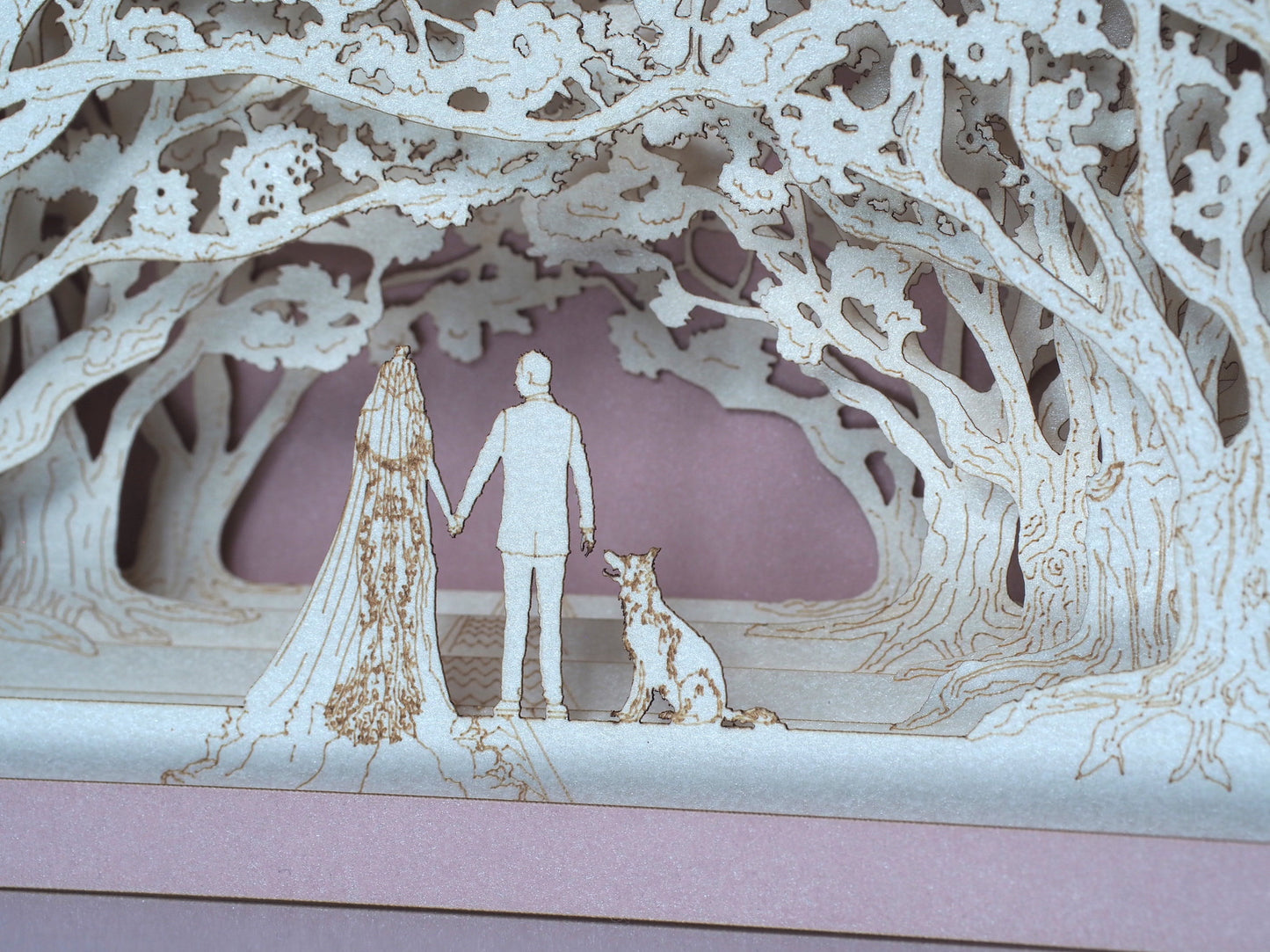 Wedding invitations. Nature, park, oak alley, dog, bride, groom. RSVP inserts. Paper pop up art customization. Outdoor, trees. Colibrigift
