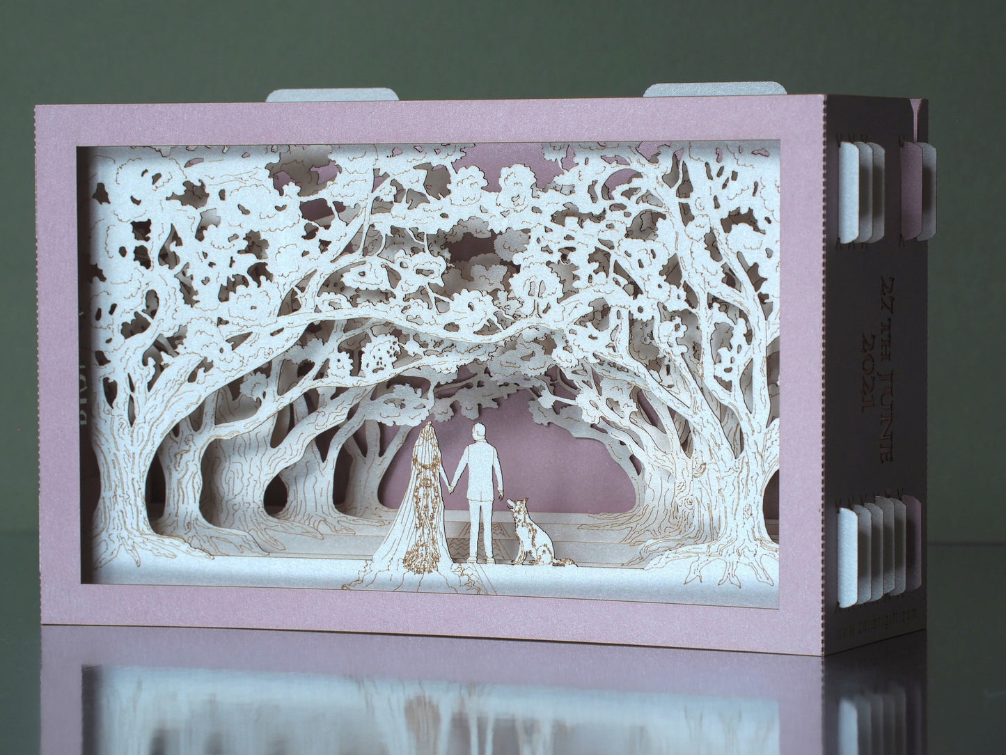 Wedding invitations. Nature, park, oak alley, dog, bride, groom. RSVP inserts. Paper pop up art customization. Outdoor, trees. Colibrigift
