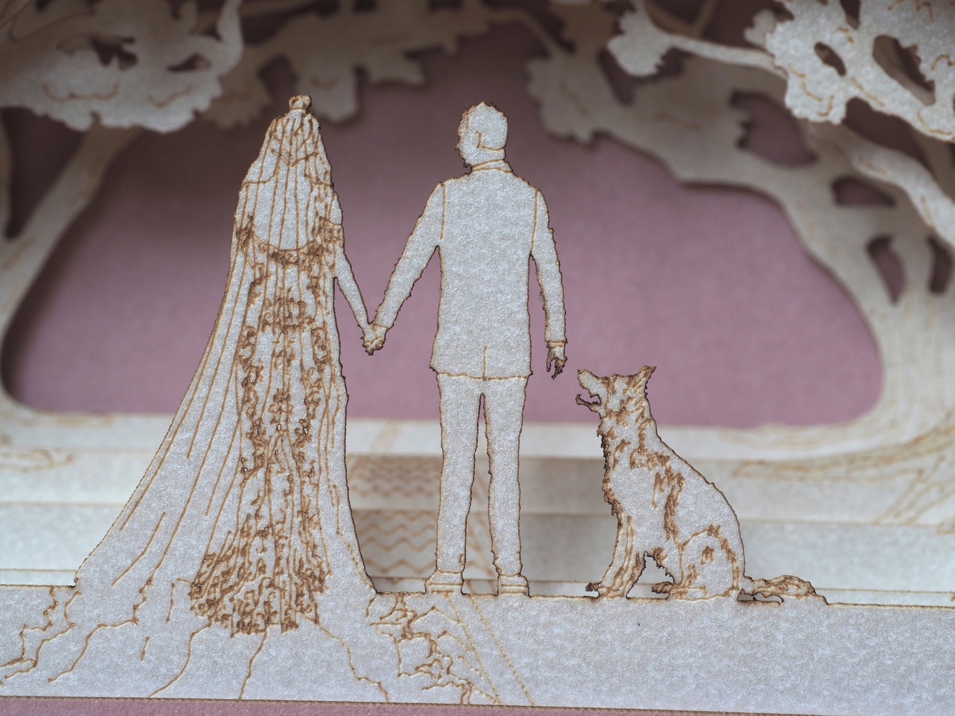 Wedding invitations. Nature, park, oak alley, dog, bride, groom. RSVP inserts. Paper pop up art customization. Outdoor, trees. Colibrigift