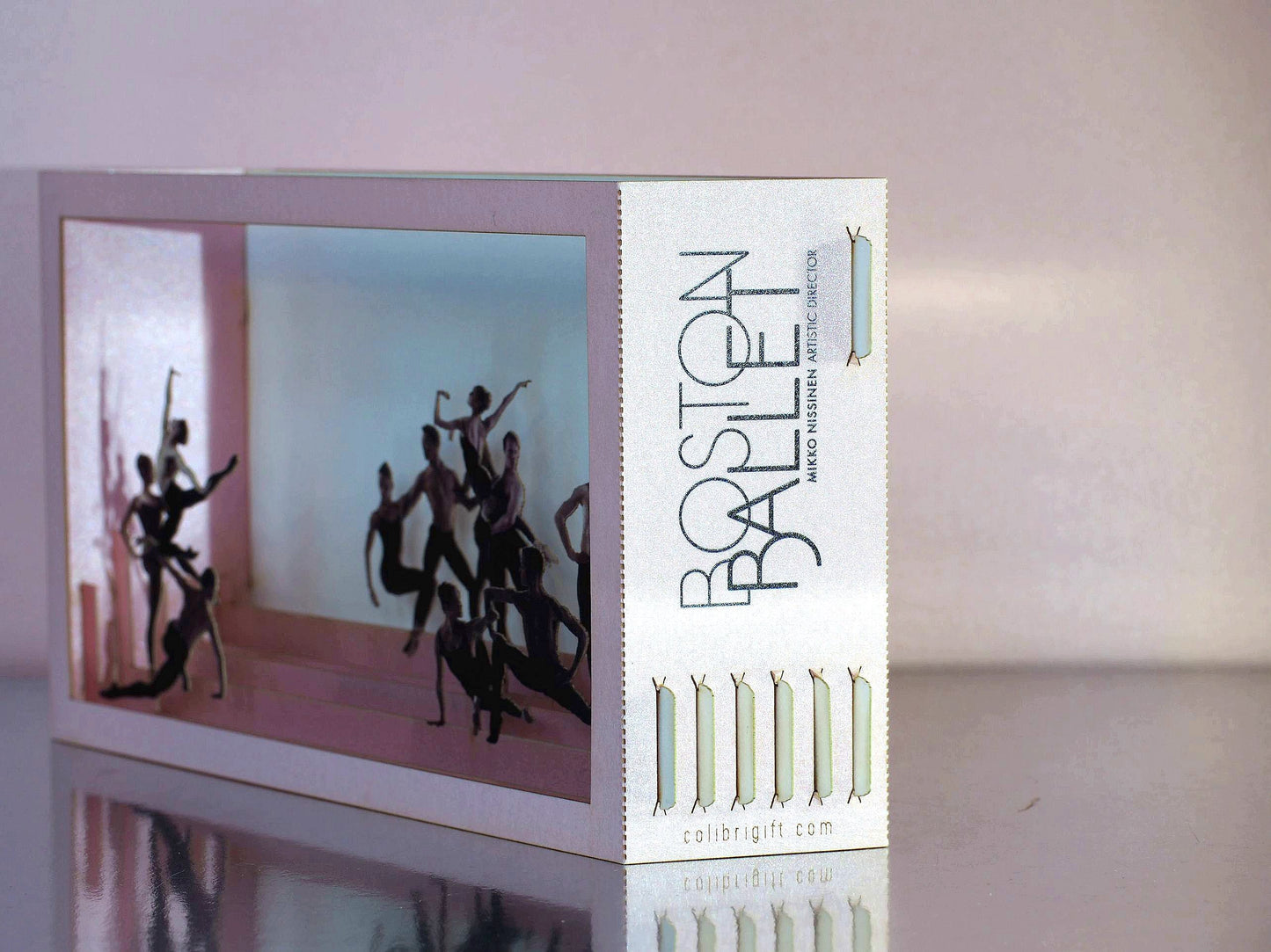 Boston Ballet paper pop up miniature. Promo card with Logo. Custom design laser cut 3d cards. Colibrigift art cards. Box design announcement