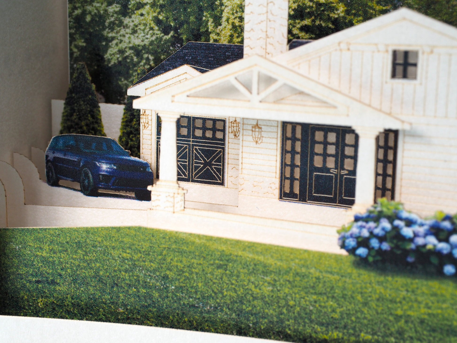 House paper pop up villa model miniature. Popup 3d laser cut box with villa design. Custom design card. Logo, company, promo gift. Company