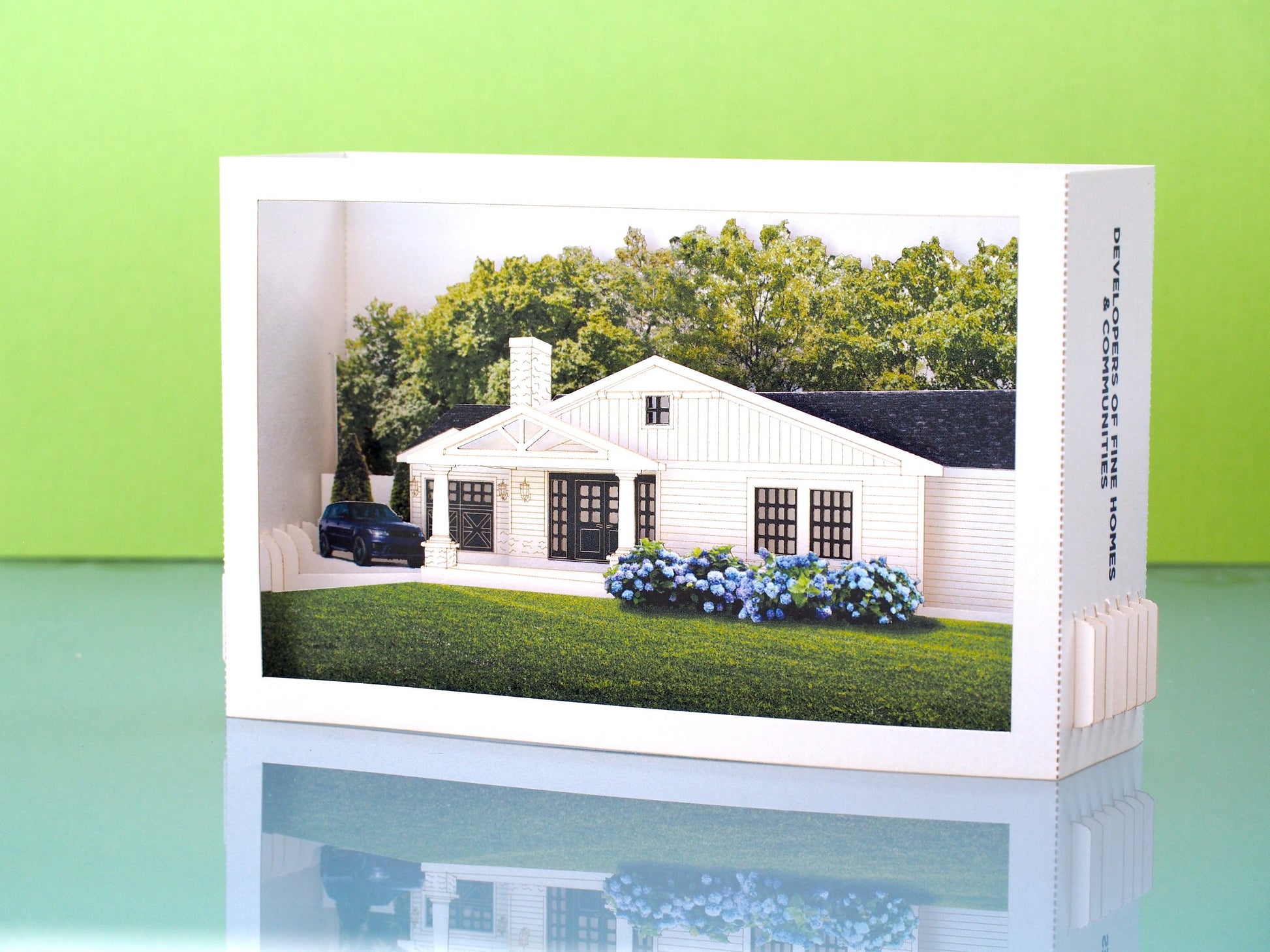 House paper pop up villa model miniature. Popup 3d laser cut box with villa design. Custom design card. Logo, company, promo gift. Company